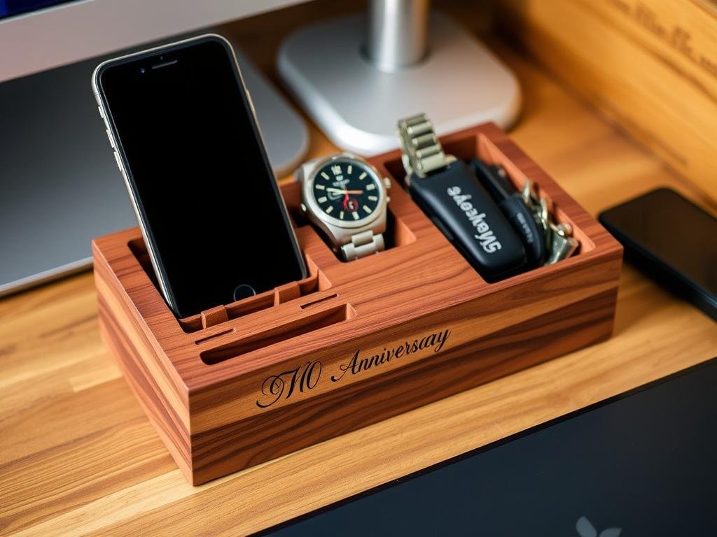 Custom wooden docking station for fifth wood anniversary