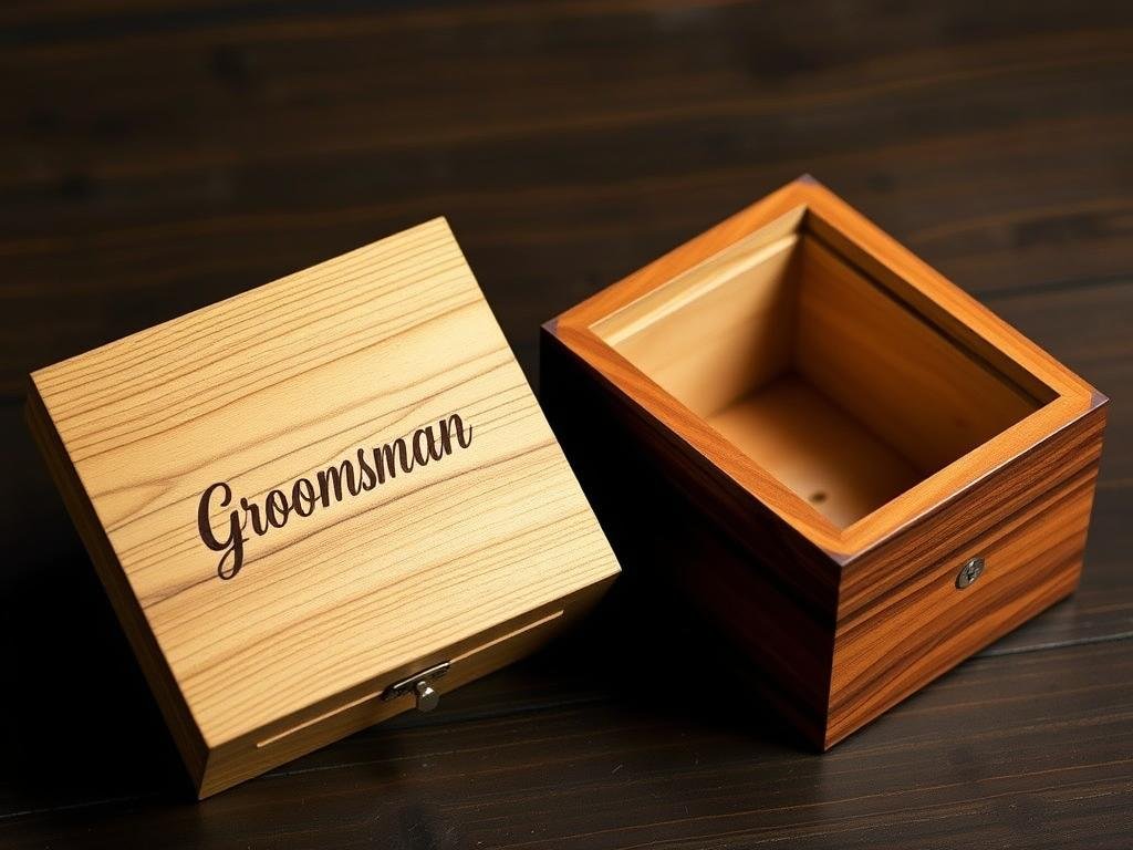 Custom wooden gift box with groomsman's name engraved on lid