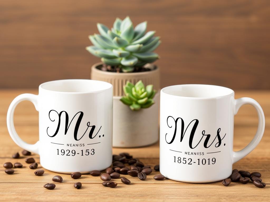 Customized coffee mug set with Mr and Mrs design and wedding date