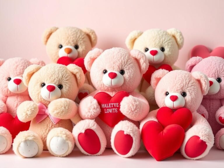 Cute Valentine's Day plush toys for kids including teddy bears with hearts