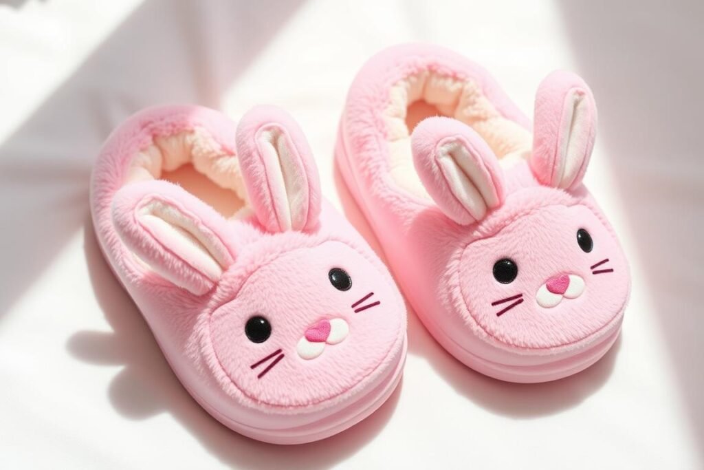 Cute pink memory foam slippers with bunny design and plush lining