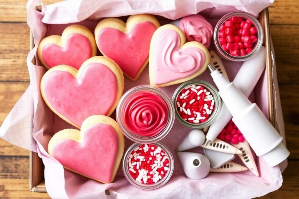 DIY cookie decorating kit with heart-shaped cookies as a budget Valentine's Day gift