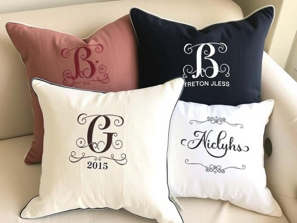 DIY custom throw pillows with embroidered monogram and wedding date