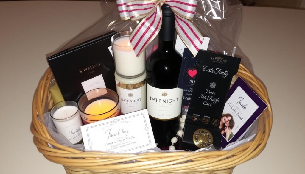 DIY date night basket with wine, candles, and personalized items
