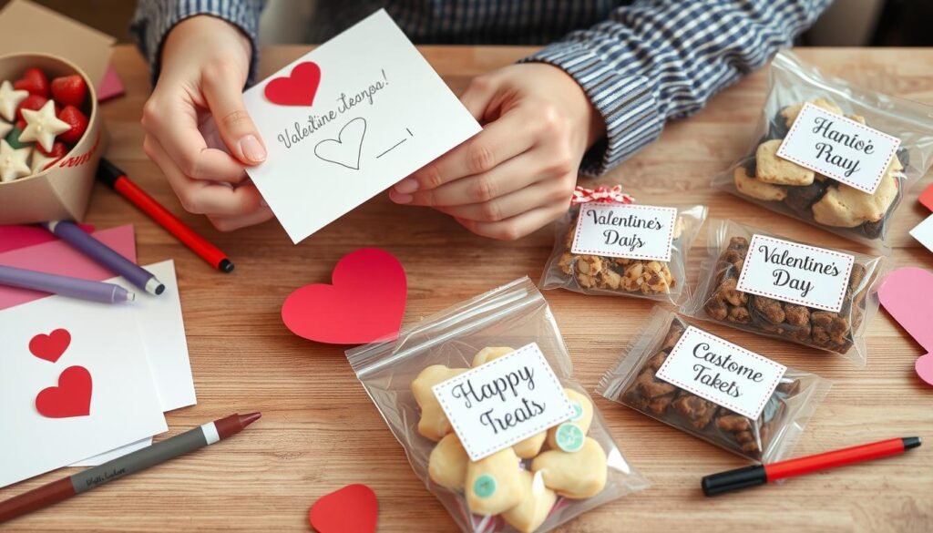 DIY elements being created for a Valentine's Day basket including handmade cards and treats