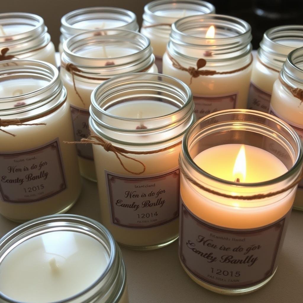 DIY homemade scented candles in decorative containers with custom labels