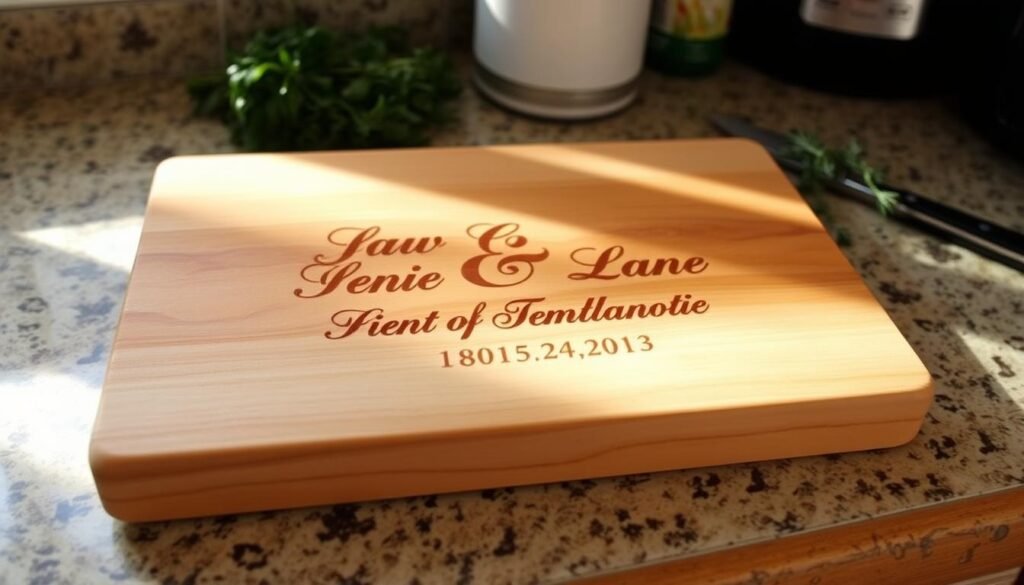 DIY personalized cutting board with couple's names and wedding date engraved