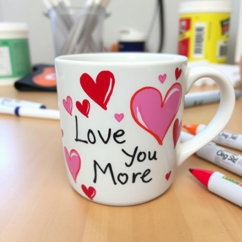 DIY personalized mug with hand-drawn hearts and love message using permanent markers