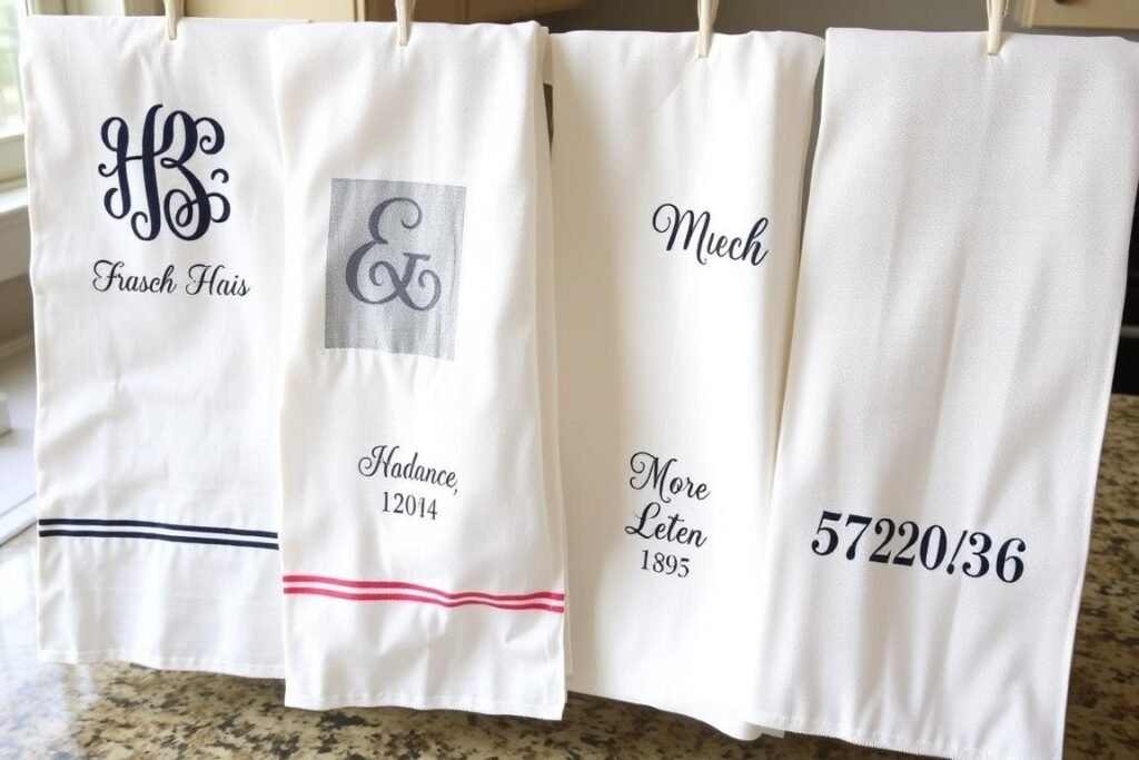 DIY personalized tea towels with stamped or embroidered designs