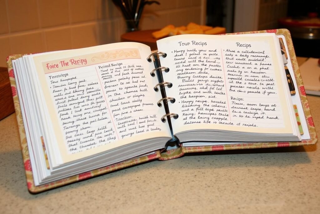 DIY recipe book with handwritten family recipes and decorative elements