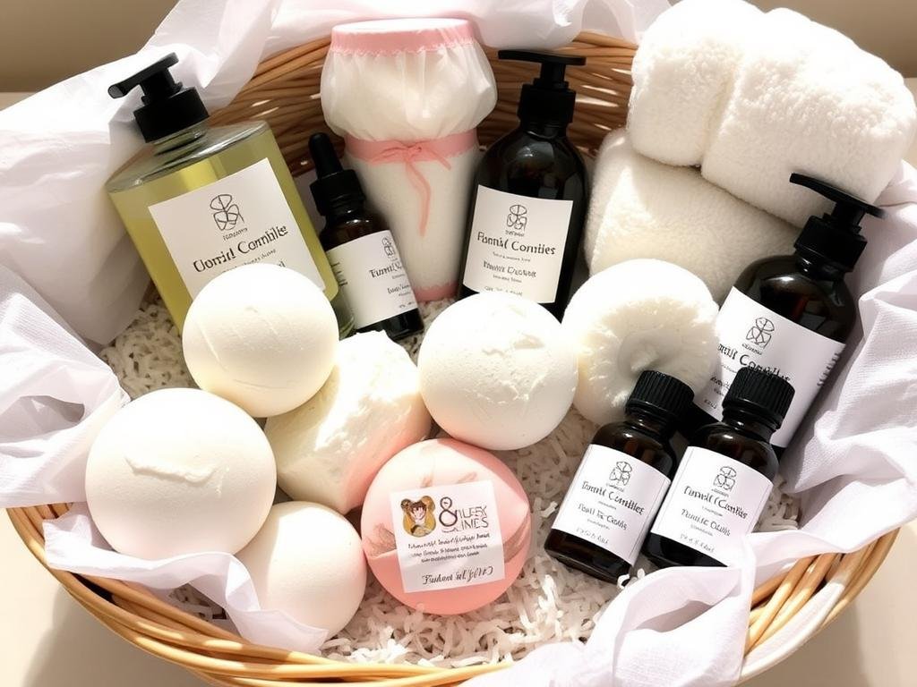 DIY spa gift basket with homemade bath bombs, essential oils, and plush towels