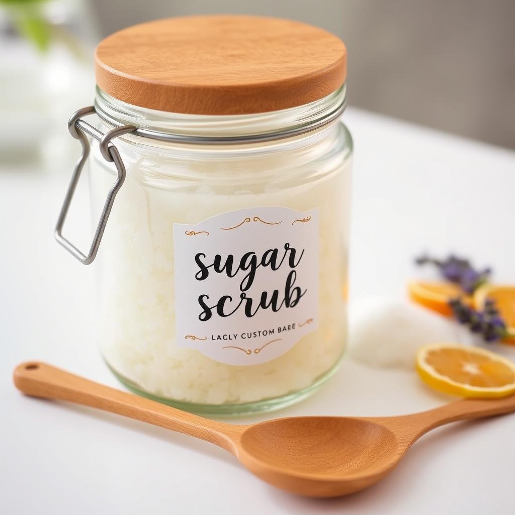 DIY sugar scrub in glass jar with custom label and wooden spoon creative gift ideas