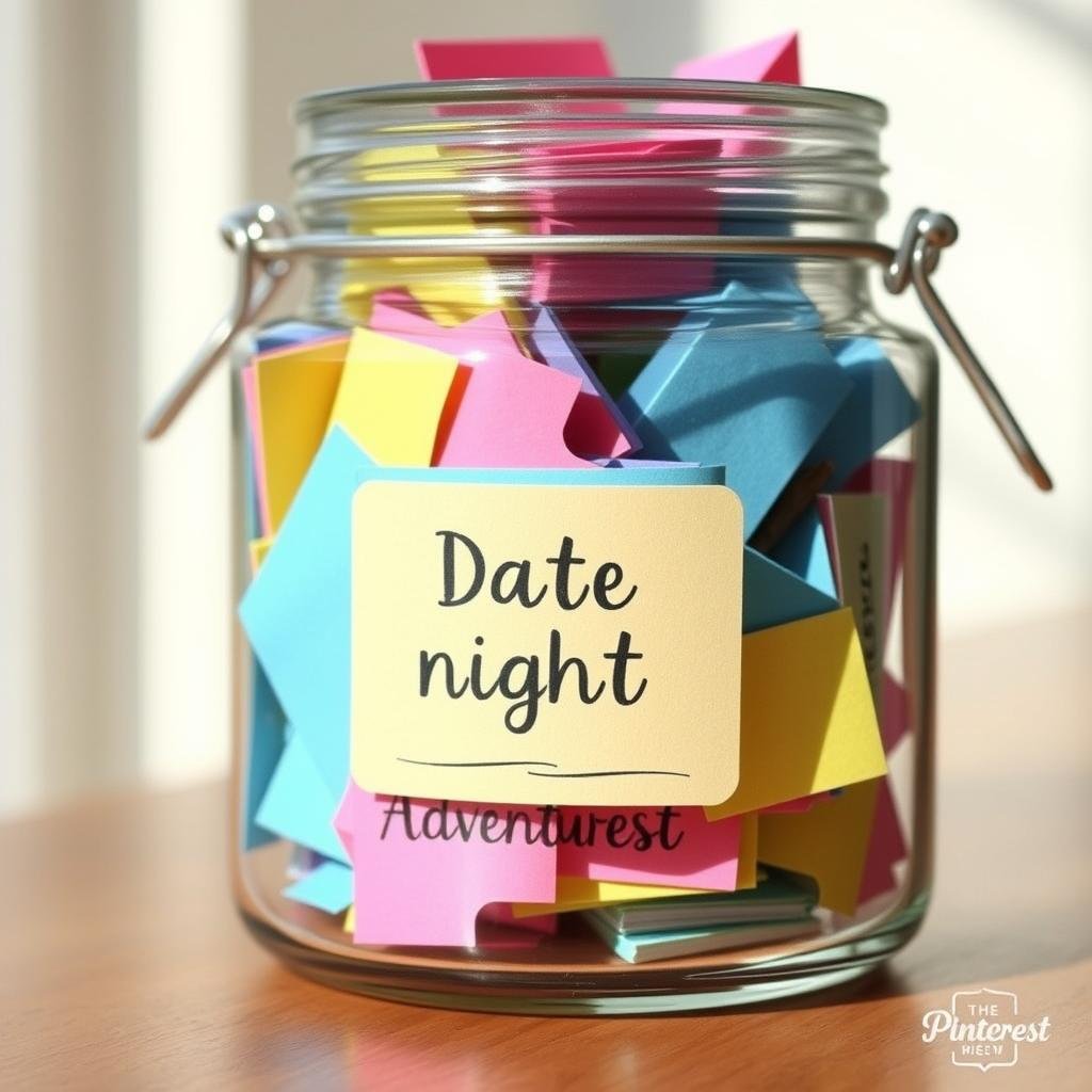 Decorated jar filled with colorful date night idea slips