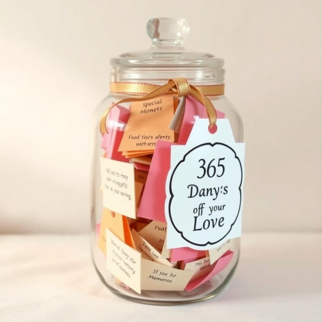 Decorated jar filled with colorful memory notes as a 1 year anniversary gift