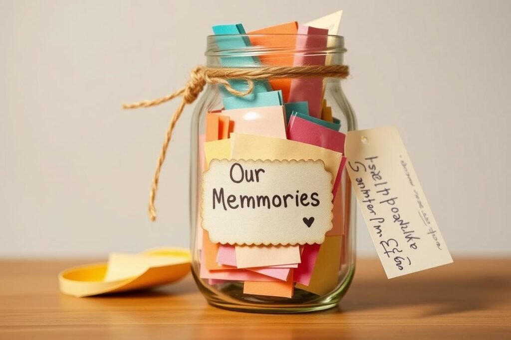 Decorated memory jar filled with handwritten notes as boyfriend anniversary gift