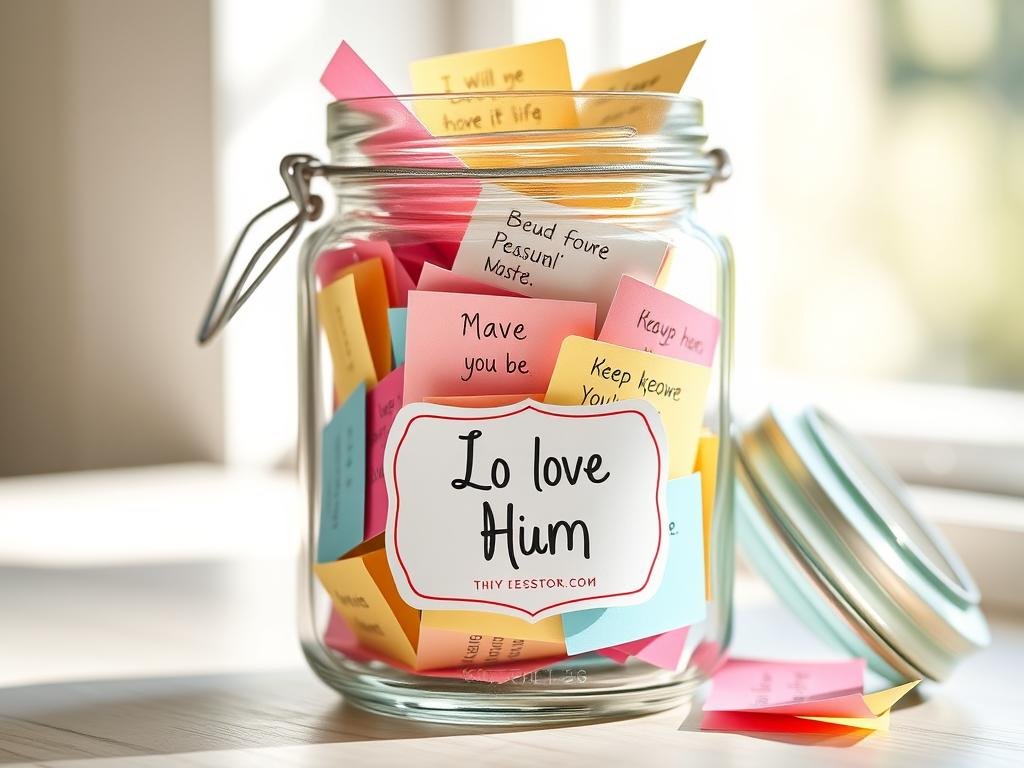Decorative jar filled with colorful folded love notes