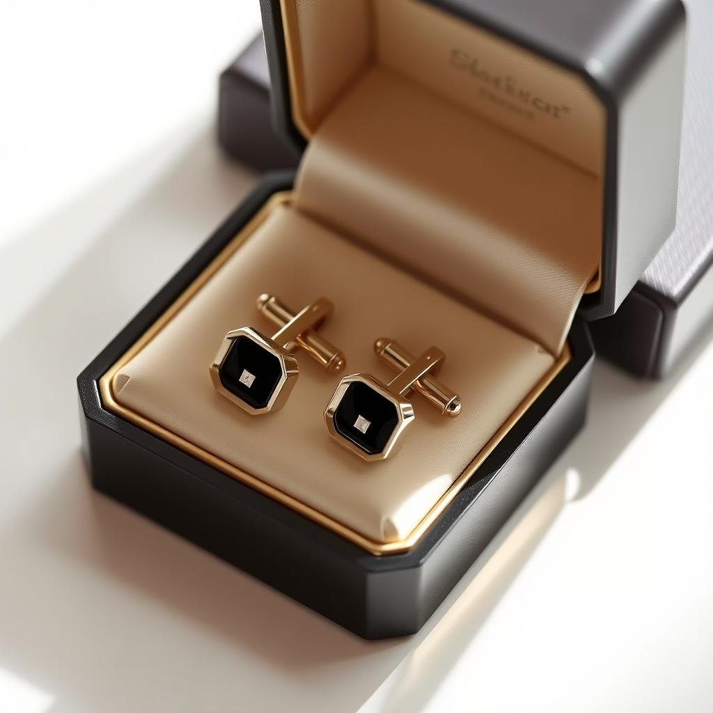 Designer cufflinks in presentation box as boyfriend anniversary gift