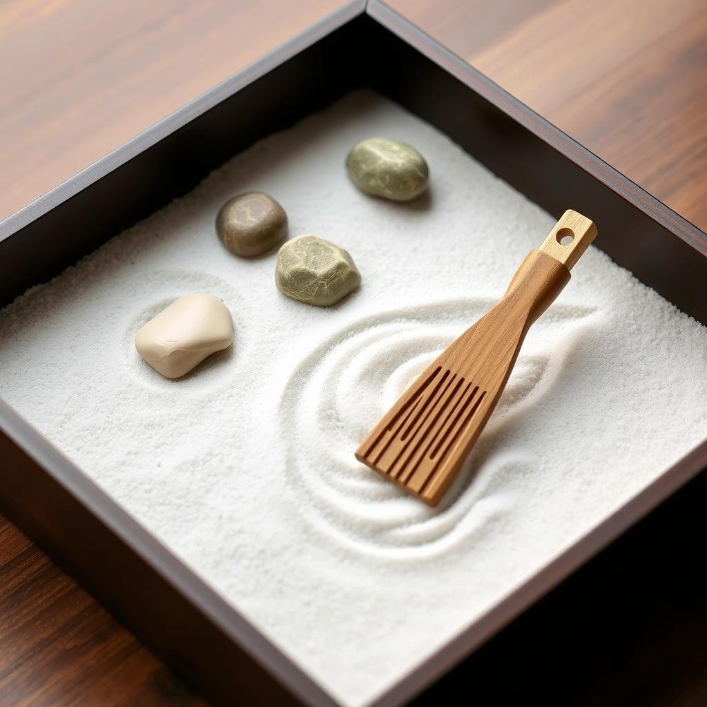 Desktop zen garden with sand, rocks, and rake