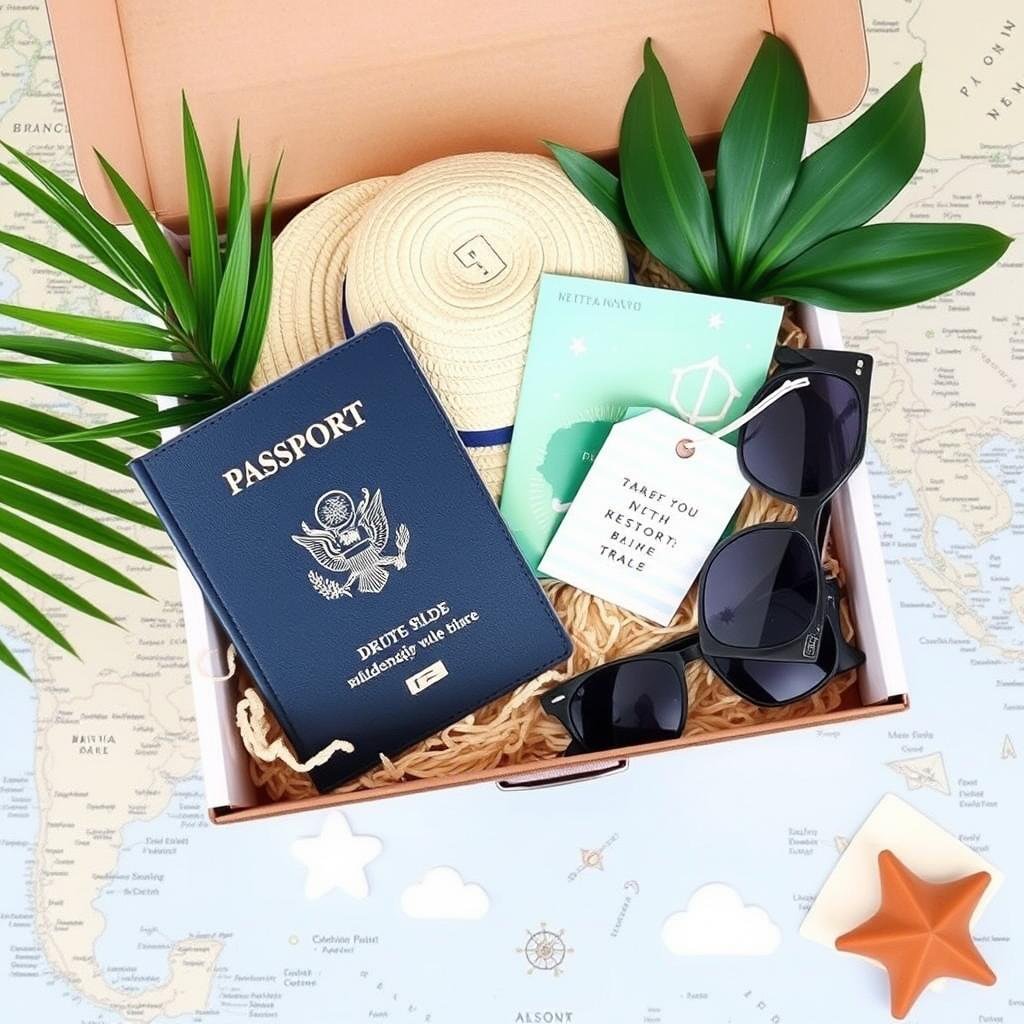 Destination wedding themed bridesmaid gift box with travel essentials