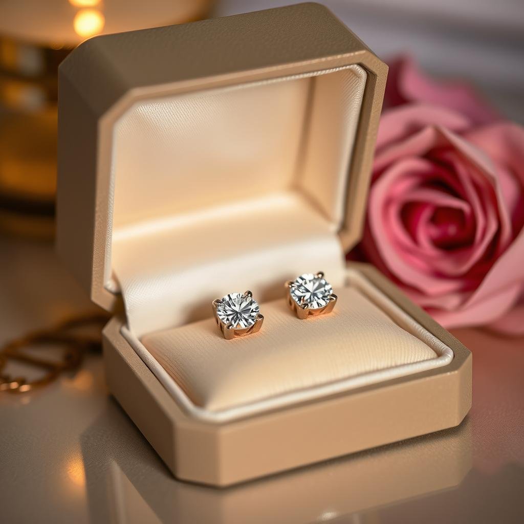 Diamond stud earrings in an elegant jewelry box for anniversary gift ideas