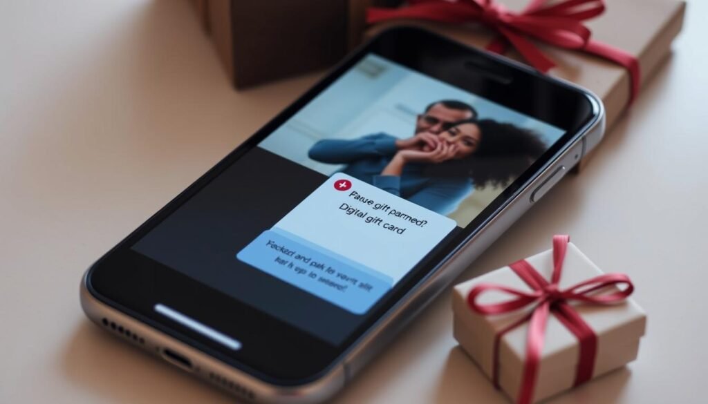 Digital gift card with smartphone showing video message for anniversary