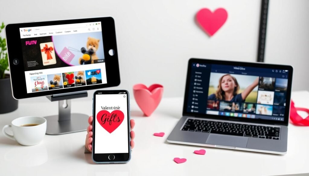 Digital last minute valentines gifts including subscription services, e-books, and online classes displayed on various devices