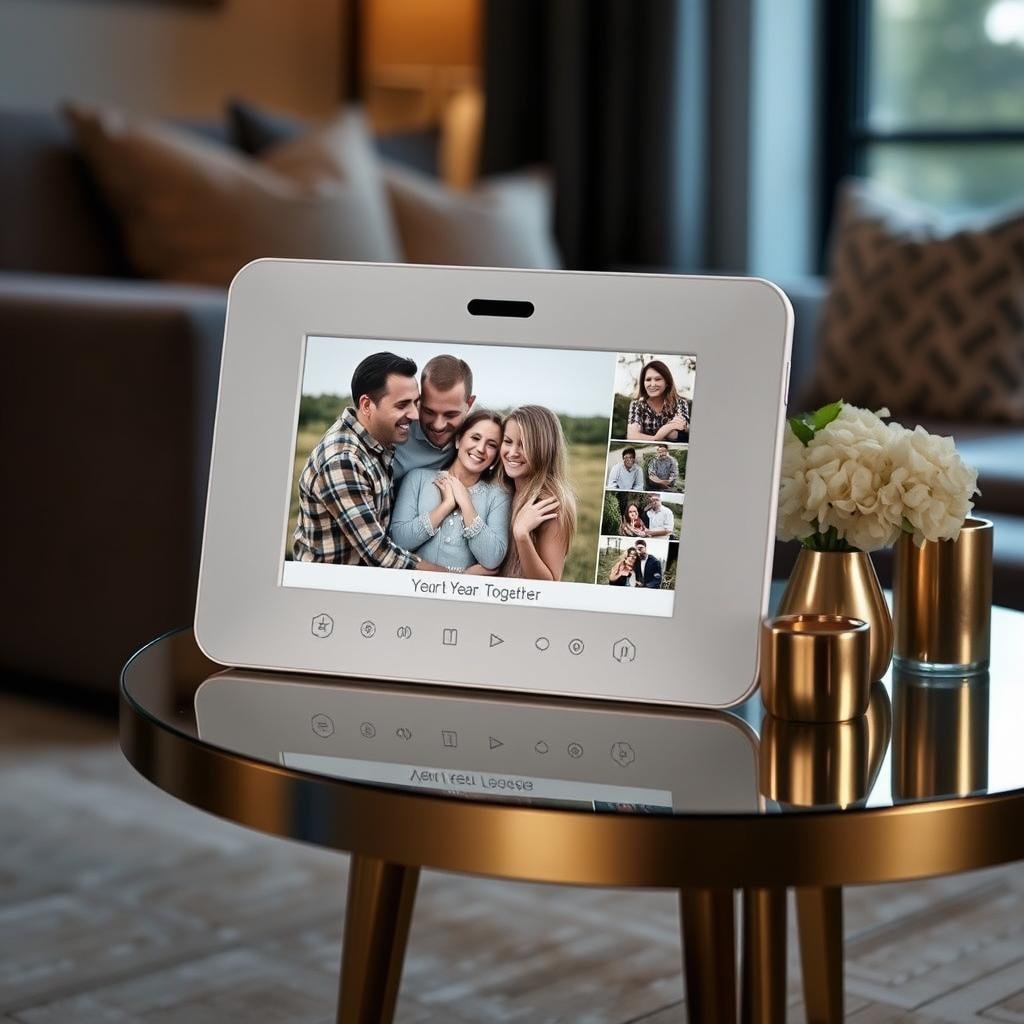 Digital photo frame displaying couple's memories as a 1 year anniversary gift