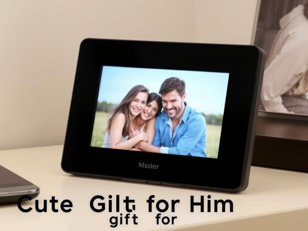 Digital photo frame displaying couple's photos as an anniversary gift