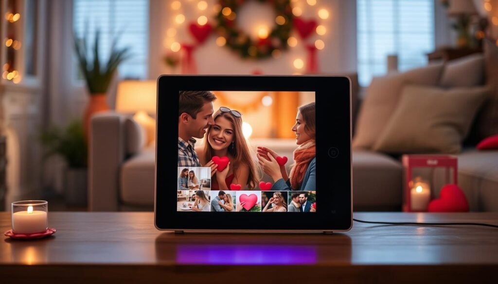 Digital photo frame displaying romantic couple photos - romantic valentines gift ideas