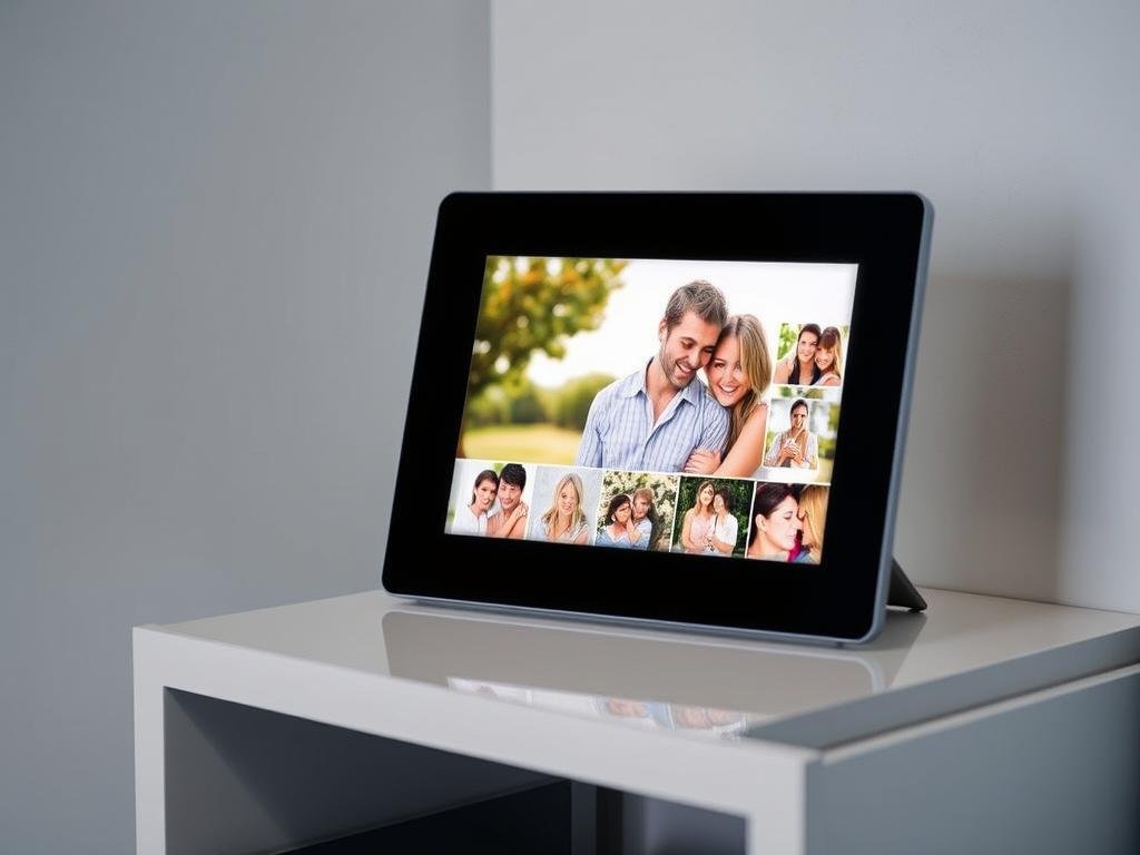 Digital picture frame displaying couple photos as boyfriend anniversary gift