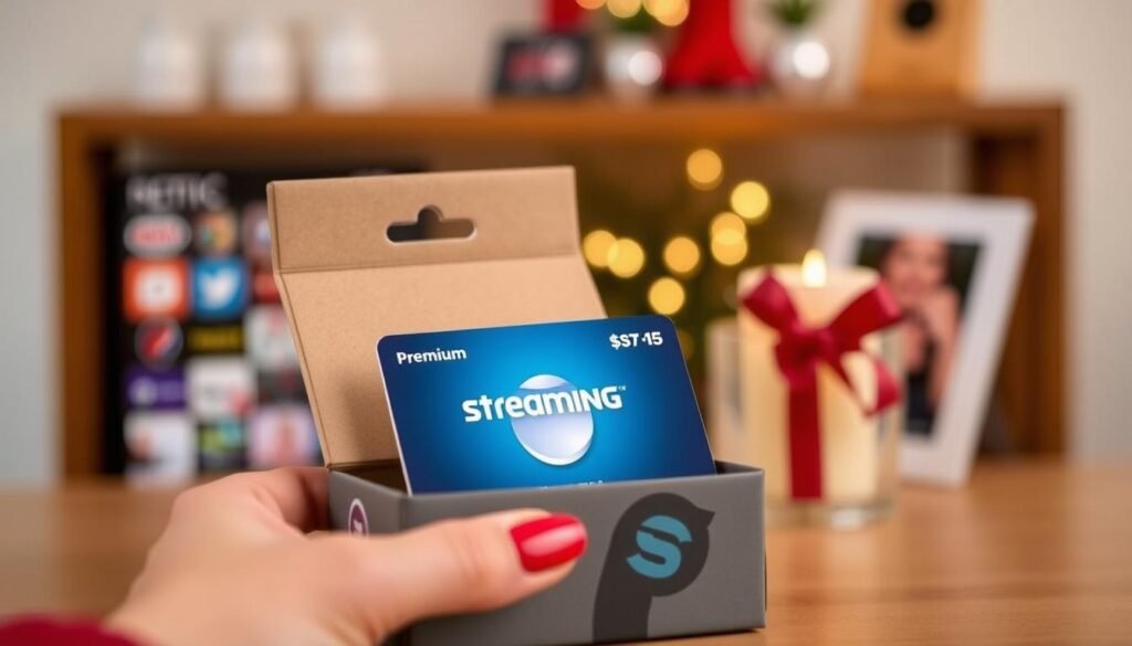 Digital streaming service gift card presented in a decorative holder