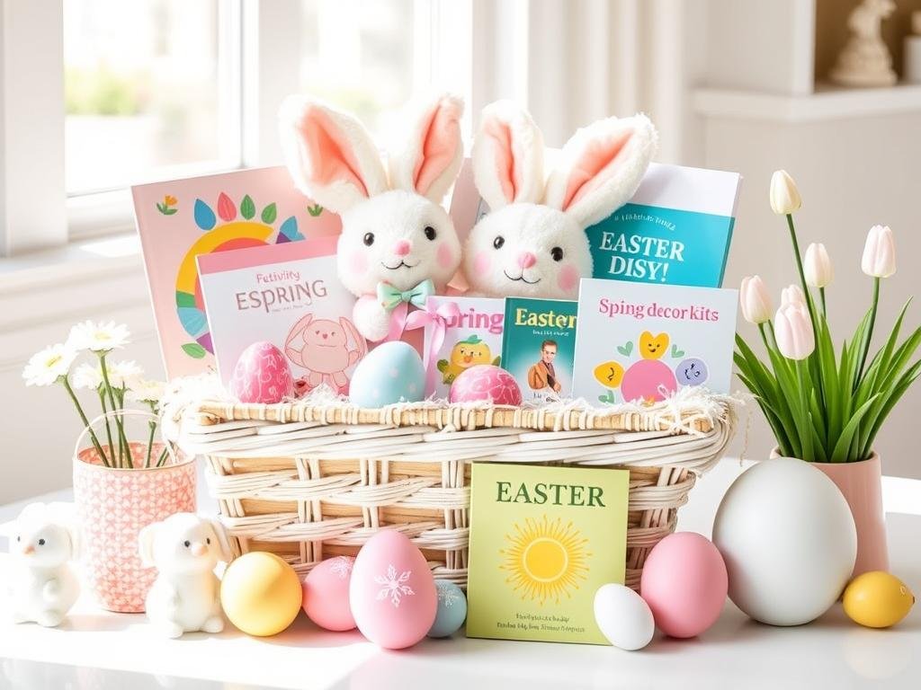Easter-themed gift basket for kids with spring activities and treats