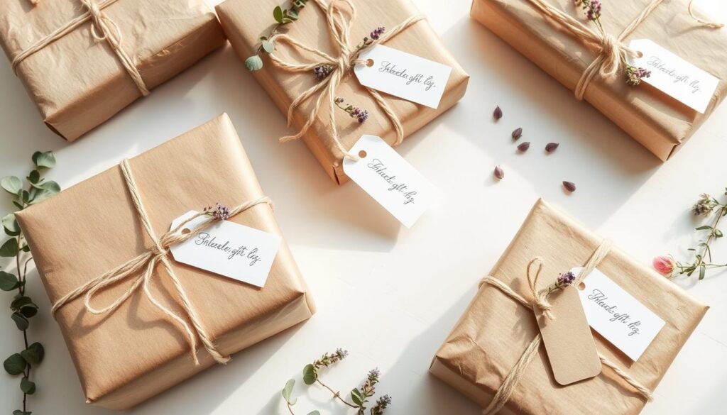 Eco-friendly gift wrapping with kraft paper, twine, and natural elements