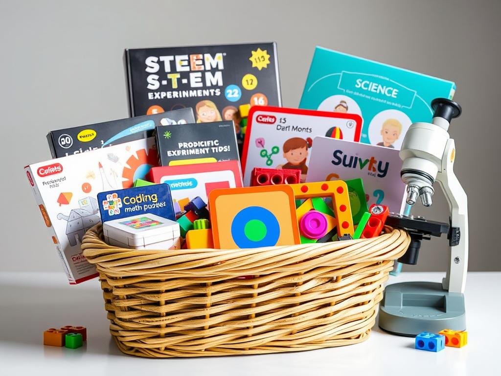 Educational STEM gift basket for kids with science kits, building blocks, and learning activities