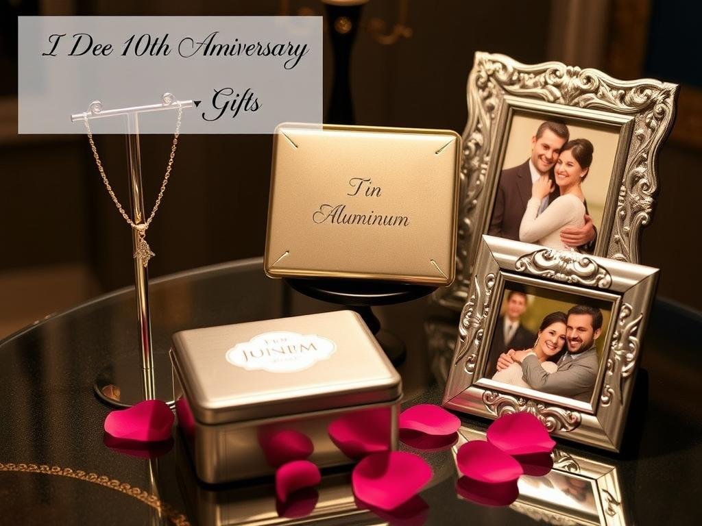 Elegant 10th anniversary gifts including diamond jewelry and personalized tin items