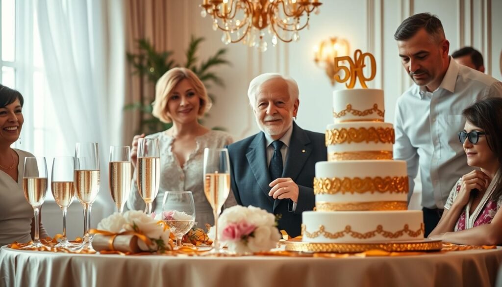 Elegant 50th anniversary celebration with gold decorations, champagne toast, and family gathering