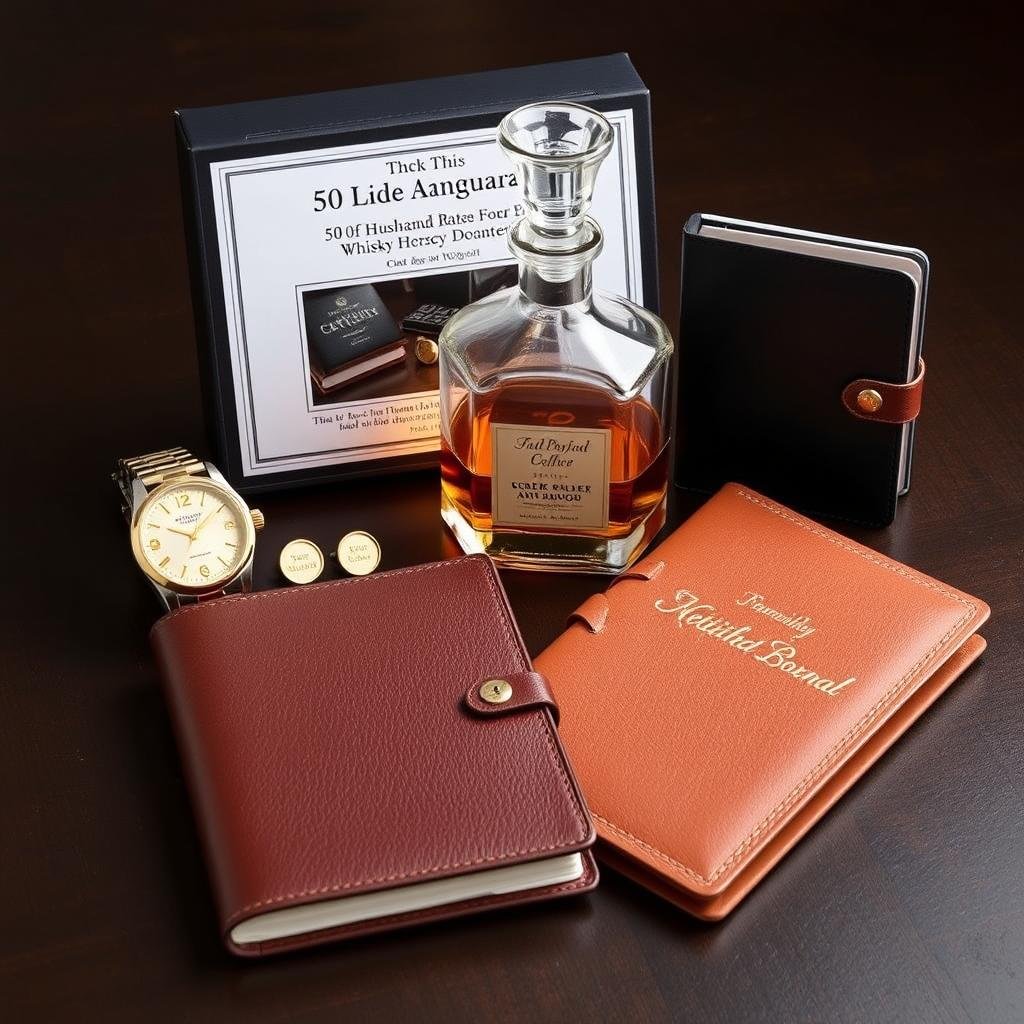 Elegant 50th anniversary gifts for husband including gold watches, cufflinks, and personalized items