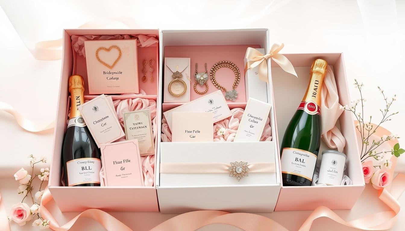 Elegant bridesmaid gift boxes arranged with personalized items and floral accents
