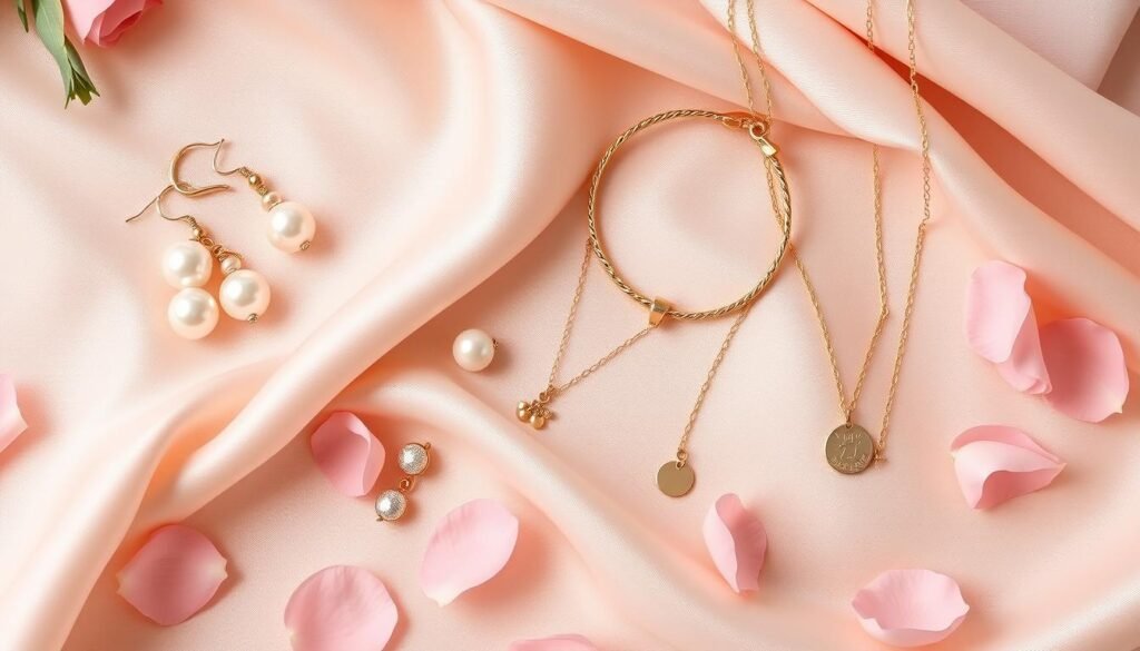 Elegant bridesmaid jewelry collection including pearl earrings, delicate bracelets, and necklaces arranged on silk fabric