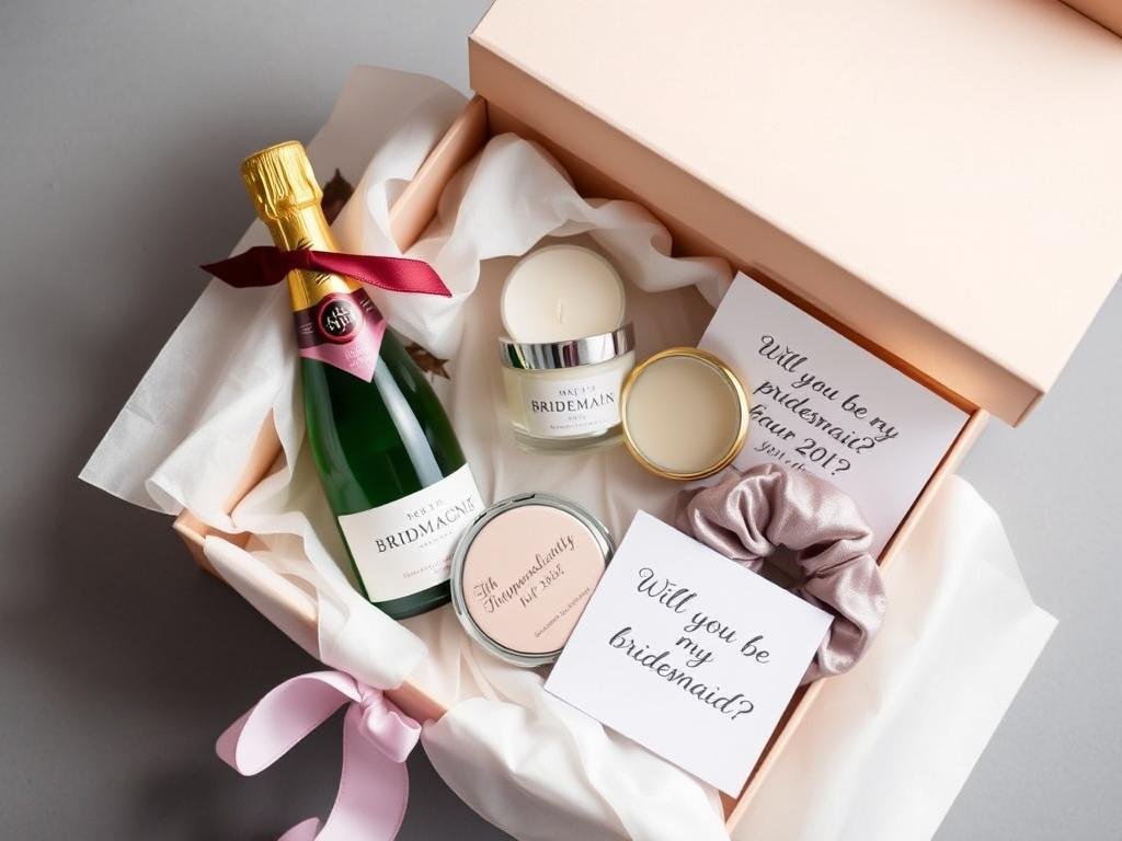 Elegant bridesmaid proposal box with multiple gifts including champagne, candle, and personalized items