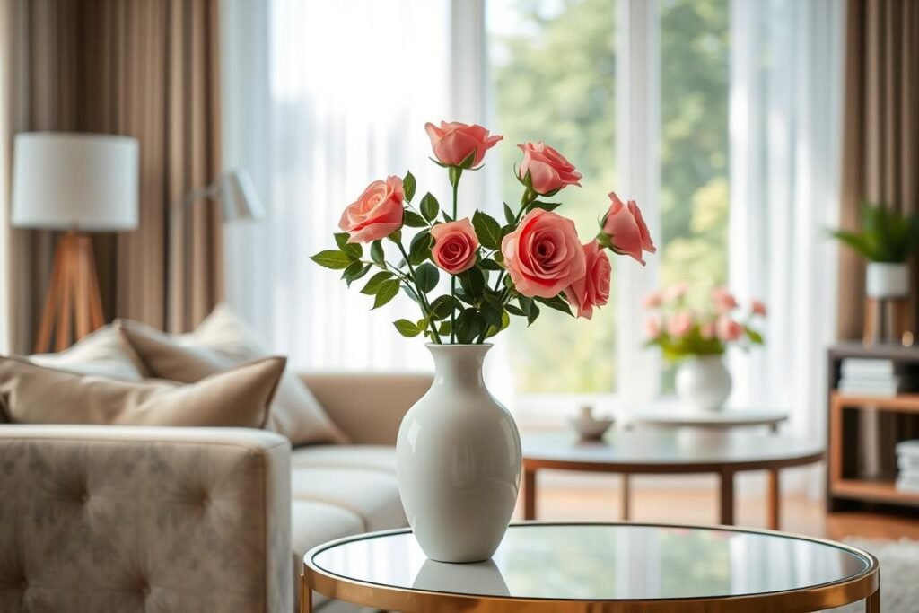 Elegant ceramic vase with roses as valentines gift for girlfriend