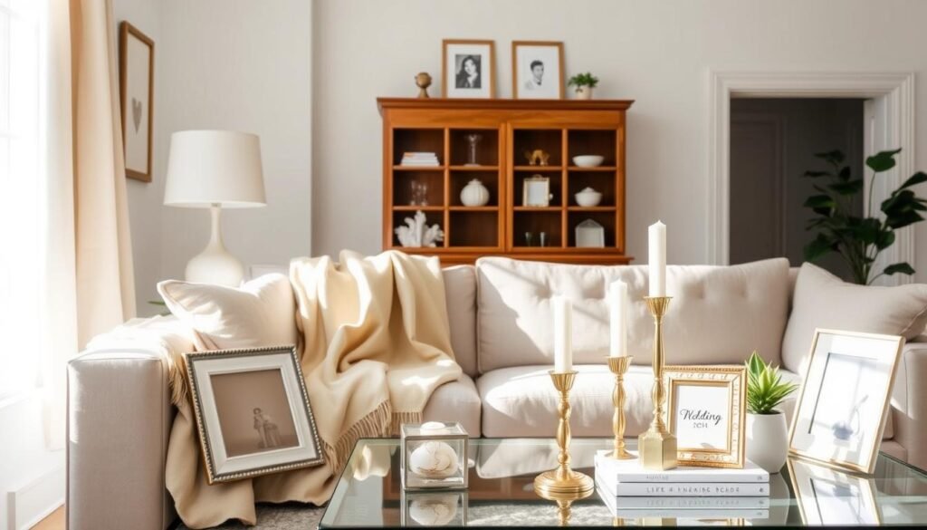 Elegant home decor wedding gifts arranged in a modern living room setting