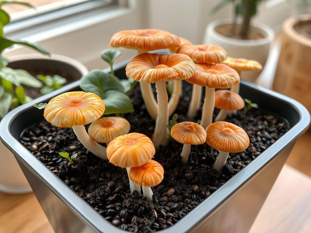 Elegant mushroom growing kit with multiple oyster mushrooms sprouting from a recycled coffee grounds base