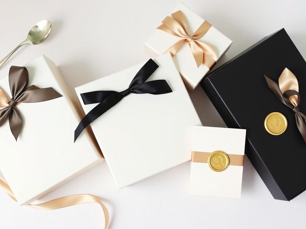 Elegant neutral bridesmaid gift boxes with gold accents