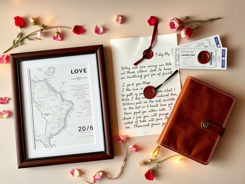 Elegant paper anniversary gift ideas including a custom map, love letter, and tickets