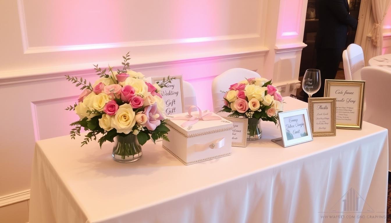 Elegantly decorated wedding gift table with floral arrangements and a card box