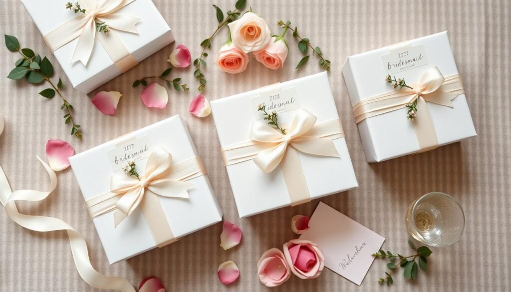 Elegantly wrapped bridesmaid gift boxes with personalized tags