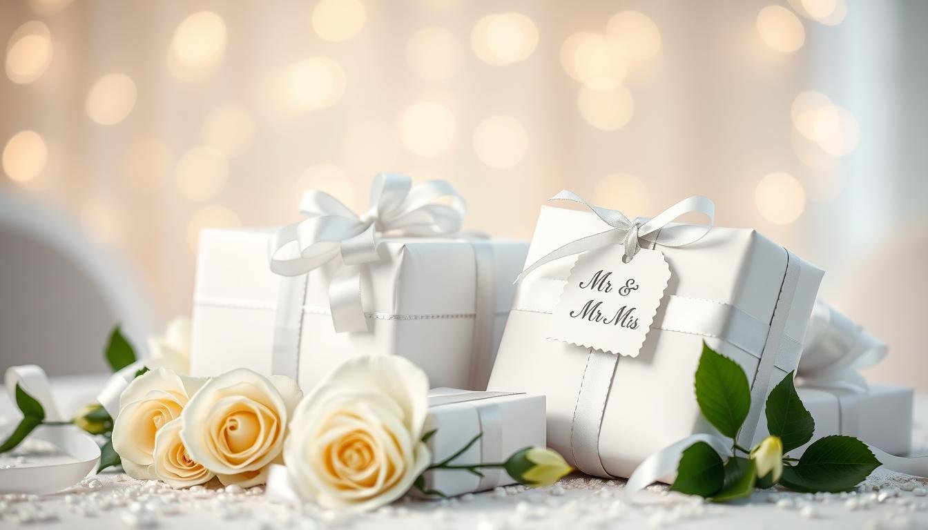 Elegantly wrapped wedding gifts for bride and groom displayed on a decorated table with white roses and silver ribbons
