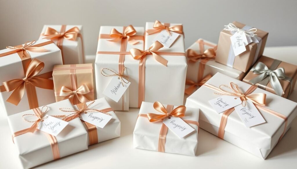Elegantly wrapped wedding gifts with cards attached