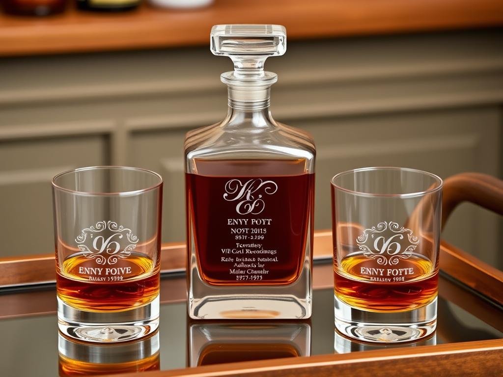 Engraved whiskey decanter set with matching glasses